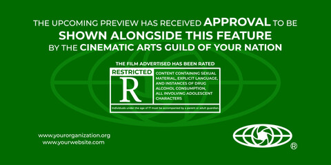 A fake film leader for a movie preview saying that the following content has been approved for restricted audiences only. White text and  green  background 