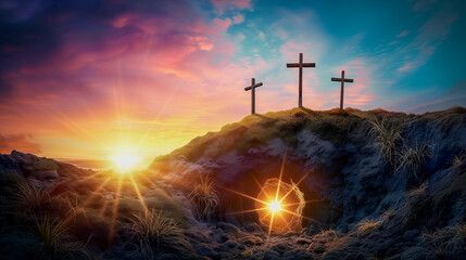 Three Crosses on Calvary Hill Dramatic Sunset at Golgotha