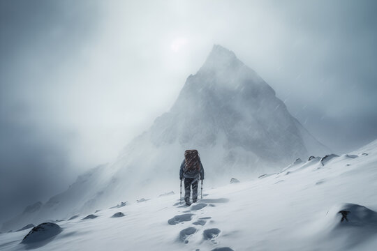 Lone Mountaineer Alpinist Approaching Snowy Peak