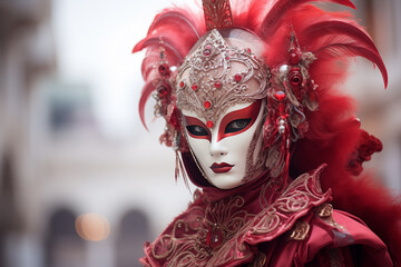 Elegant Person in Vibrant Carnival Costume and Mask at Venice Festival