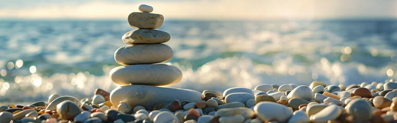 Fotobehang Balanced Bliss: Pebbles Poised by the Sea © ZenArt