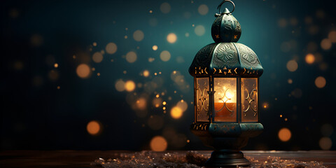 Eid Mubarak and Ramadan Kareem Islam holy month. Arabic lantern and burning candle at night. Muslims fitter under soft light of lantern lamp. Arabian background for celebration of Eid. - obrazy, fototapety, plakaty
