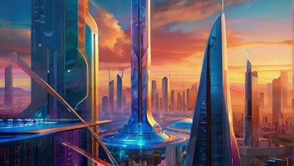 a panoramic view of a vibrant futuristic cityscape - obrazy, fototapety, plakaty