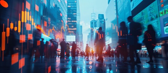 Vibrant urban city street scene with diverse group of people walking and enjoying the lively atmosphere