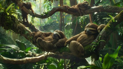 Lazy Sloths Relaxing on Tree Branches in Lush Rainforest AI Generated. - obrazy, fototapety, plakaty