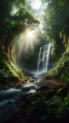 waterfall in a green forest realistic