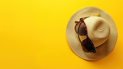 Top view hat and sunglasses on yellow background,  flat lay minimal summer holiday vacation concept