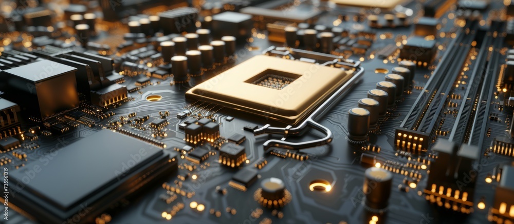 Poster high-performance computer processor unit on top of motherboard surface