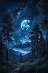 full moon over the forest landscape natural view blue moon night sky view aesthetic background wallpaper generative AI