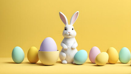 Fototapeta na wymiar Adorable 3D Rabbit and Colorful Eggs on Yellow Background. Perfect for Banner, Social Media, Poster. Concept of Easter Day.
