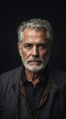 Fototapeta premium portrait of person, old man, a businessman, billionaire multimillionaire stubborn middle-aged guy in black suit gray hair black background generative AI
