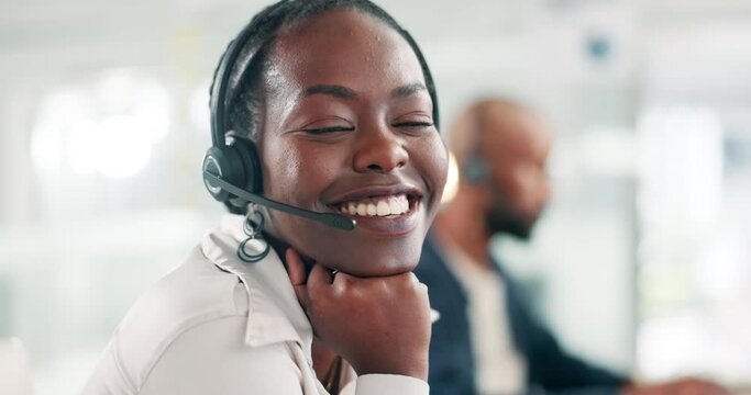 Businesswoman, headset and face for customer service, helpdesk and operator in office. Black female person, call centre representative and tech support in portrait, hotline and consultant for crm