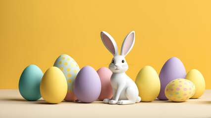 Fototapeta na wymiar Adorable 3D Rabbit Nestled Amongst Bright Eggs on a Tender Yellow Surface. Versatile for Banner, Social Media, Poster. Symbolizing Easter Merriment.