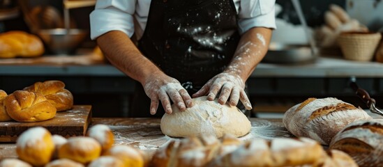 A skilled baker is meticulously kneading a delicious and freshly baked loaf of bread with passion and expertise