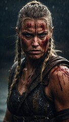 portrait of a viking female fighter with angry look, blonde hair, blood on face, warrior generative AI