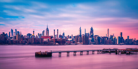Panoramic Sunset Manhattan Skyline, New York City Skyscrapers, and serene waterfront landscape over...