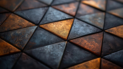 Closeup of a triangular grid composition with a metallic finish.