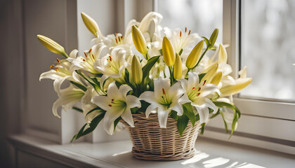 White lily in basket on windowsill.