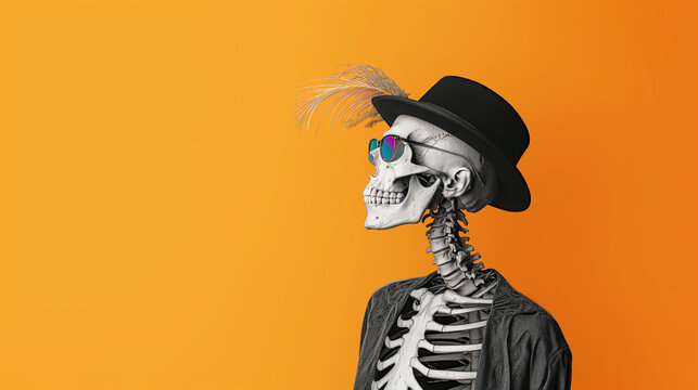human skeleton with hat and feather, wearing sunglasses, on solid background, copy space