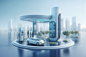 electric car at a charging station, future technolgy of sustainable transportation, skyline in background - 735565961