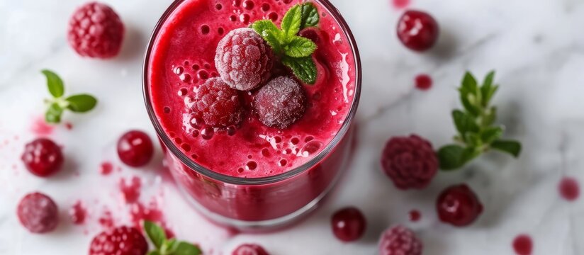 Refreshing glass filled with delicious raspberry and banana smoothie for a healthy summer drink