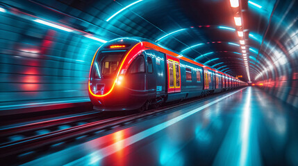 abstract blurred image of trains in a futuristic city, speed blur, future transportation - 735566348