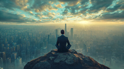 rear view of a businessman sitting in yoga pose on the peak of a mountain, overlooking the big city - obrazy, fototapety, plakaty
