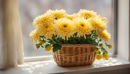 chrysanthemum in basket on windowsill. Beautiful yellow spring flowers. 