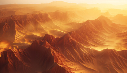 first light of sunrise washes over a vast desert, casting a golden glow on the sand dunes and...