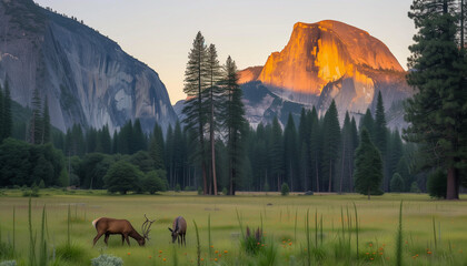 As the sun sets, casting a golden glow on Half Dome, deer graze peacefully in a lush meadow of Yosemite Valley