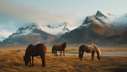 Three horses graze peacefully in a golden grassland at the foot of majestic snow-capped mountains, in the warm light of a setting sun