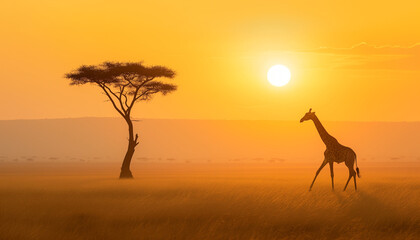 Fototapeta na wymiar A giraffe walks gracefully across the African savannah, silhouetted by the golden glow of a setting sun behind an acacia tree