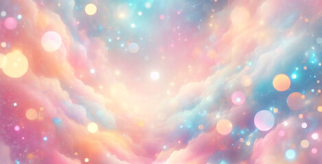 Bokeh sky background. Light pink pastel galaxy abstract wallpaper with glitter stars. Fantasy space with sparkles. Holographic fantasy rainbow unicorn background with clouds and stars.