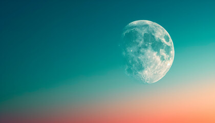 A full moon floats in a tranquil sky, transitioning from a rich teal to a warm orange gradient at twilight