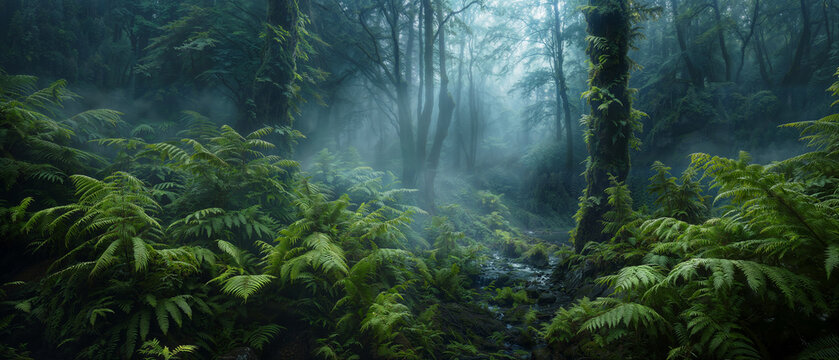 mystical damp forest with lichens, moss, ferns and thick fog, nature backgrounds