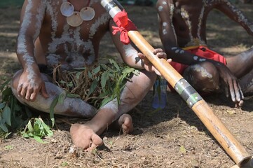Indigenous Australians play didgeridoo on Ceremonial dance in Laura Quinkan Dance Festival Cape York Queensland Australia
