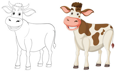 Illustration of a cow, black and white to color