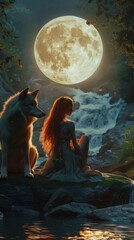 woman and wolf sitting bay a stream under a full moon