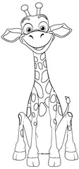 A playful giraffe cartoon in black and white.