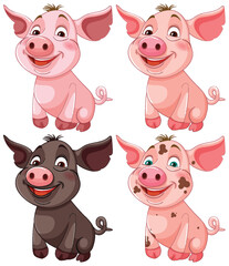 Four happy pigs with different expressions and colors.