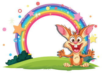 Excited cartoon rabbit with a colorful rainbow backdrop