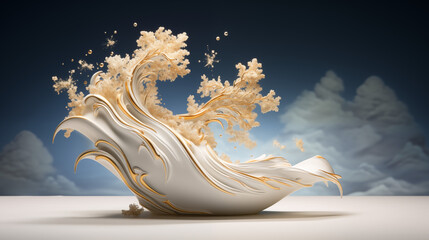 Elegant Swirling Splash in 3D White and Gold against Sky