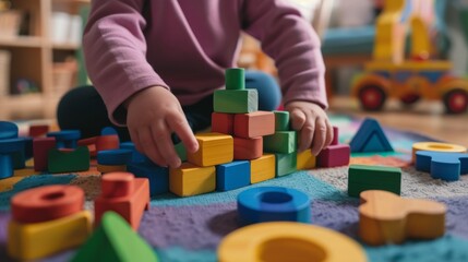 a young toddler playing with wooden block toys