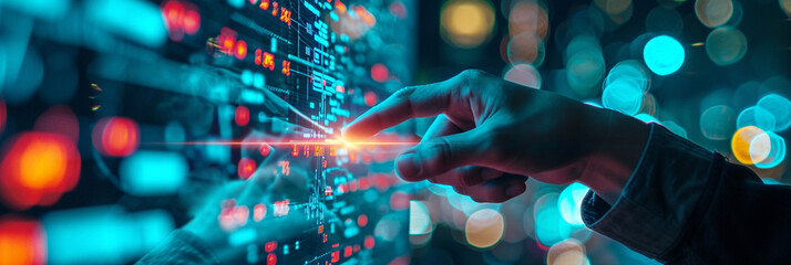 Businessman pointing a glowing stock market chart with a neon city background