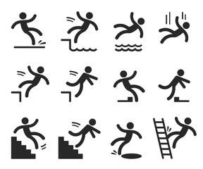 Caution symbols with stick figure man falling. Wet floor, tripping, falling from stairs, ladder, water, edge. Workplace safety and injury vector illustration. - obrazy, fototapety, plakaty