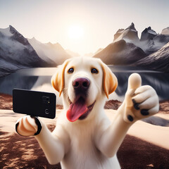 Puppy Labrador Retriever Dog taking selfie, Thumbs Up, Happy doggy smiling and saying hello to you!...