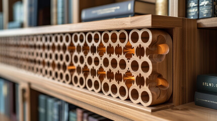 A detailed look at the intricate joinery and geometric patterns on a custom wooden shelving unit in a home library highlighting its beauty and functionality.