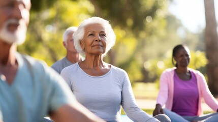 Balanced on their mats a group of seniors practice yoga poses in a peaceful outdoor setting filled with fresh air and sunshine.