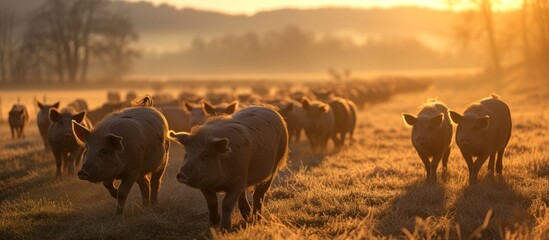A peaceful and contented herd of pigs living in a beautiful countryside farm - obrazy, fototapety, plakaty