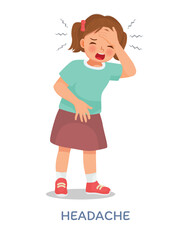 Cute little girl suffering from headache or migraine touching his forehead